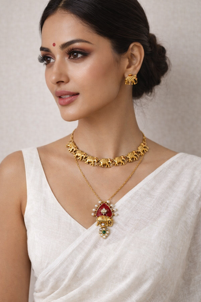 Regal Gold Necklace & Pendant Set with Matching Earrings