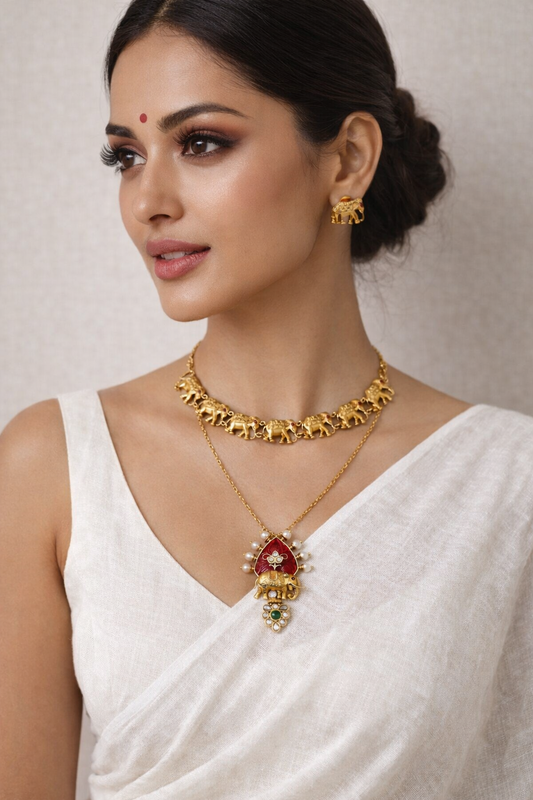 Regal Gold Necklace & Pendant Set with Matching Earrings