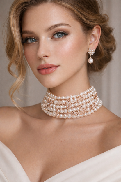 Butterfly Charm Pearl Bracelet & Earrings Set in Rose Gold