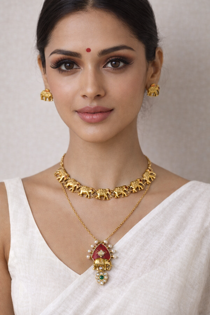 Regal Gold Necklace & Pendant Set with Matching Earrings