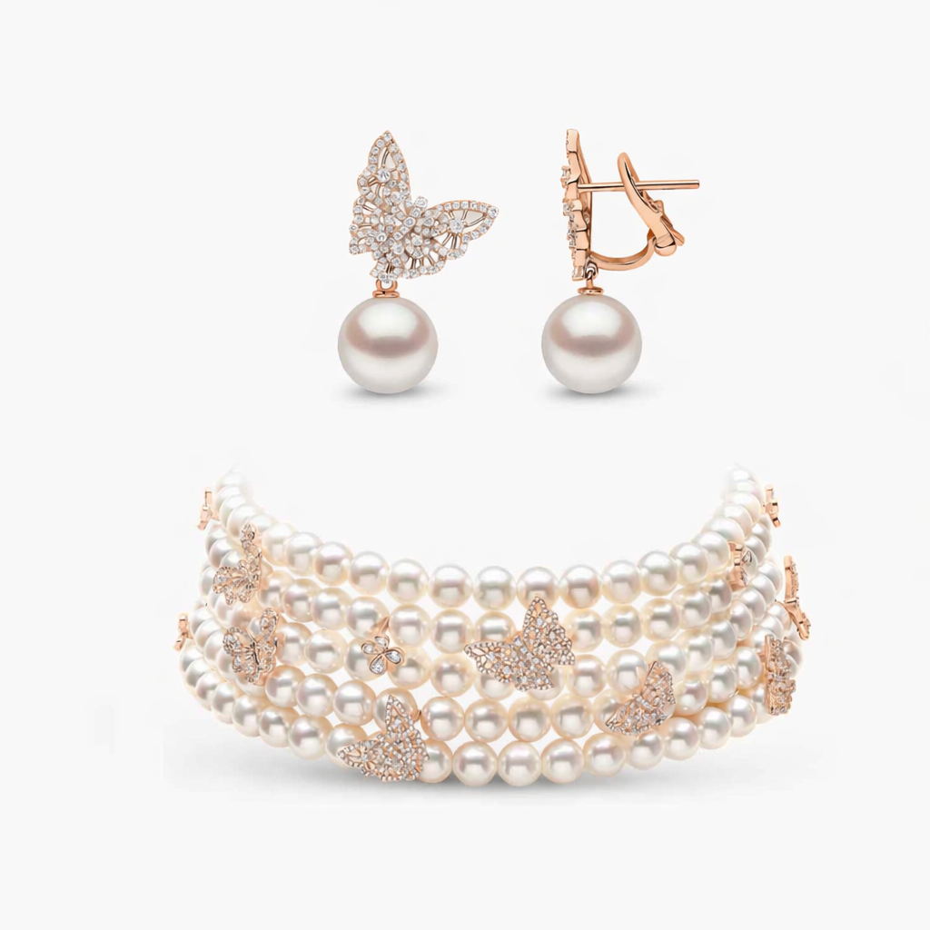 Butterfly Charm Pearl Bracelet & Earrings Set in Rose Gold