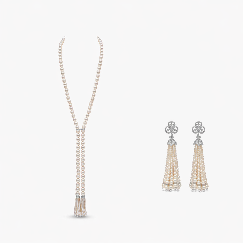 Classic Pearl Tassel Necklace & Earrings Set
