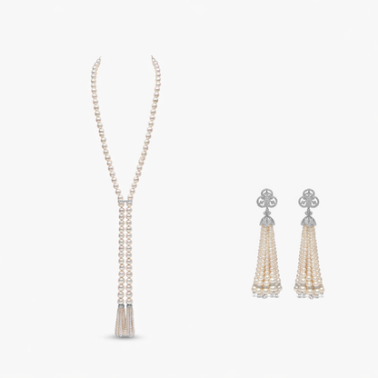 Classic Pearl Tassel Necklace & Earrings Set