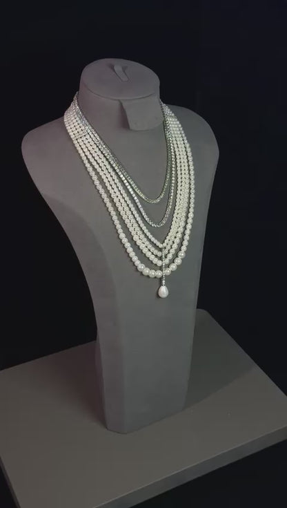 Elegant Multi-Layer Pearl & Crystal Necklace with Drop Pendant